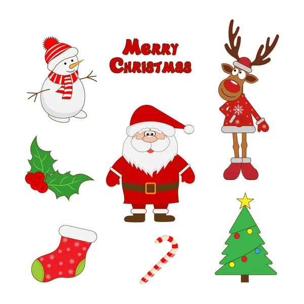 Büyük Noel seti. Noel Baba, geyik, kardan adam, ağaç
