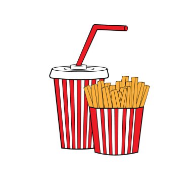 Çizgili kırmızı kağıt bir kutuda patates kızartması, pipetli ve kapaklı tek kullanımlık bir içecek bardağı.