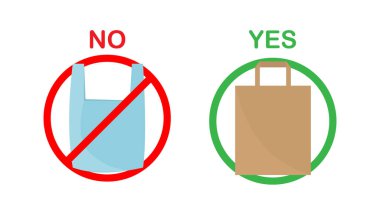 Plastik torba ve eko-torba düz bir tarzda, beyaz arka planda izole edilmiş. Kirlilik sorunu kavramı. Bakım ortamı. Vektör illüstrasyonu