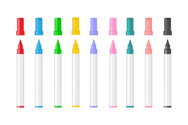 颜色标识 感觉到标记的尖端 铅笔的亮点 笔的永久调色板 一套带有绿色 蓝色和黑色的毛毡尖 蜡笔画被白色背景隔离 — 图库矢量图片