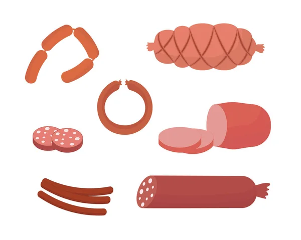 食品のセット ソーセージ 白の背景に隔離肉と鶏のロール ベクトル — ストックベクタ