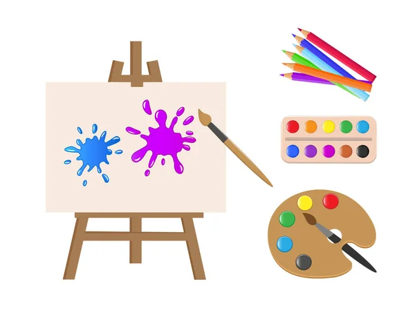 Pintura Elementos Ferramentas Desenho Animado Conceito Colorido Desenho Materiais Criativos —  Vetores de Stock