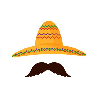 Şapka ve bıyık. Cinco de Mayo Meksika kutlama vektörü çizimi, düz stil simgesi