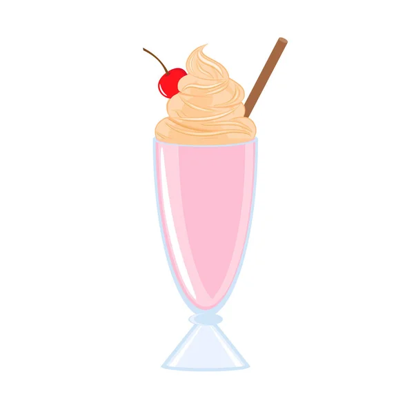 Cup Milkshake Cream Cherry Top Vector Illustration Cartoon Flat Icon — Wektor stockowy