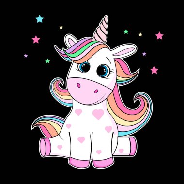 Gökkuşağı saçlı şirin tek boynuzlu at. Vektör beyaz tek boynuzlu at çocuk çizgi film illüstrasyonu. Küçük midilli karakteri sihirli at izi tasarımı