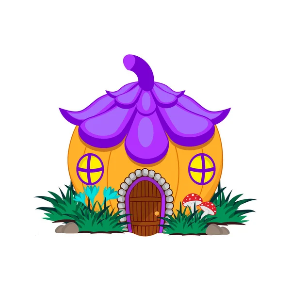 仙女般的房子 形似成熟的南瓜 屋顶形似花朵蓝铃花 背景为白色 矢量漫画特写说明 — 图库矢量图片