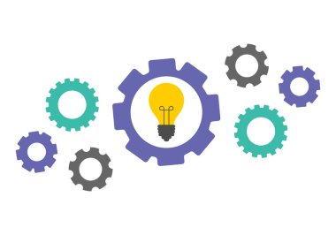 İçinde ampul bulunan çeşitli dişlilerin çalışma mekanizması. Bir fikir üzerinde takım çalışması kavramı