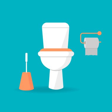 Beyaz seramik tuvalet, tuvalet kağıdı ve tuvalet fırçası. düz stile ayarlanmış modern tuvalet.