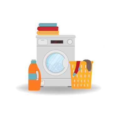 Çamaşır makinesi, toz, sepet, beyaz arka planda izole edilmiş çamaşır odası. Yıkanmak için ev aletleri - düz çizim