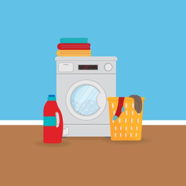 Washing machine Plastic basket with bright towels. Powder and cleanser. illustration in flat style Raster version