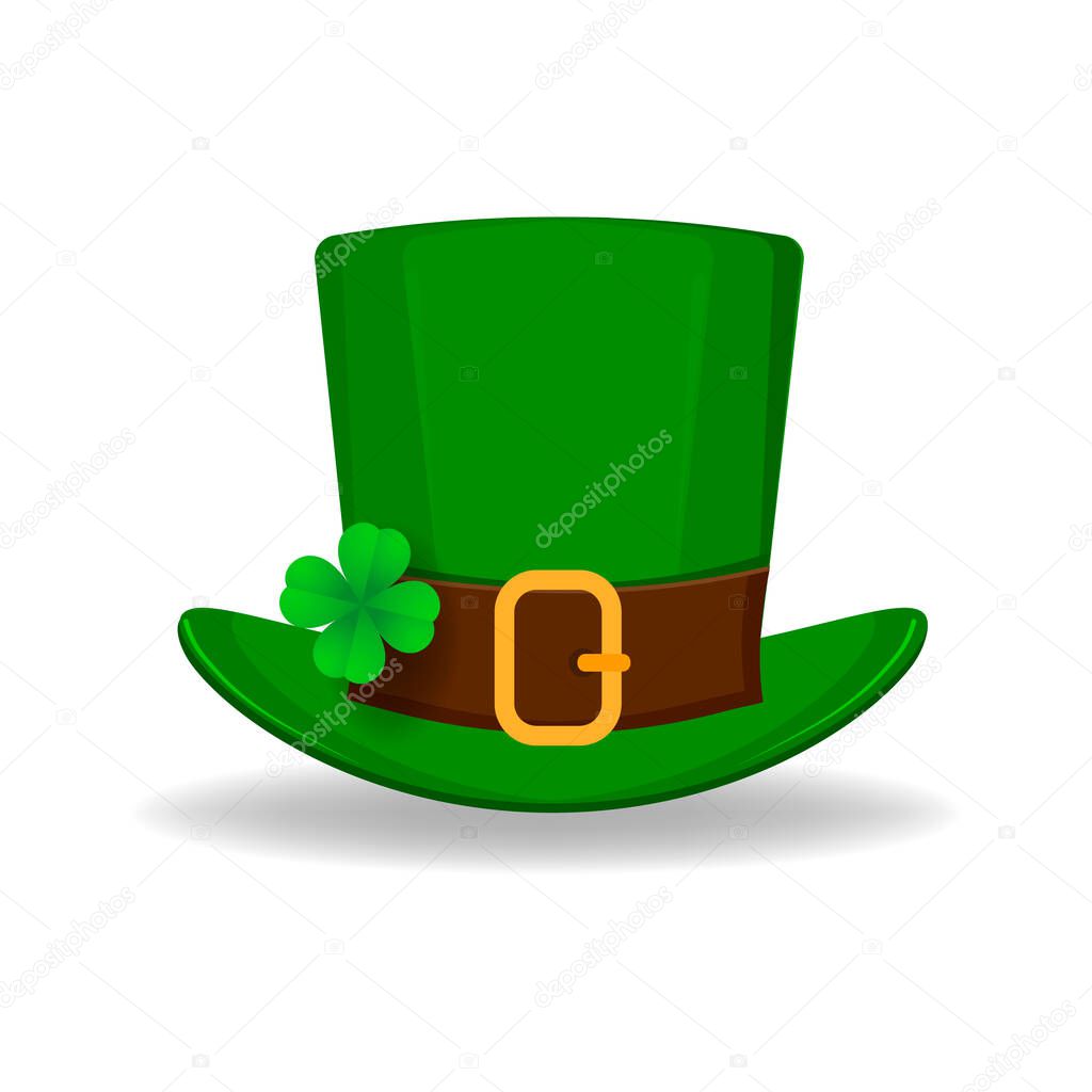 Patrick hat. Green hat with four leaf clover isolated on white background. Happy St. Patrick's day. Usable as icon, banner, design element. Vector illustration