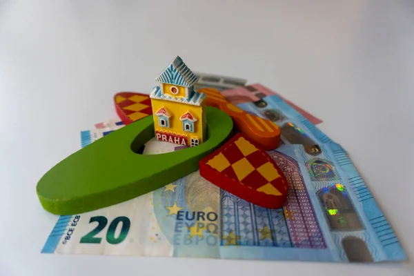 Toy Plane Money Euro Small House Inscription Prague — ストック写真