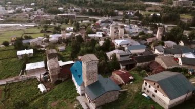 flight over Svan Towers in Mestia, Svaneti region, Georgia