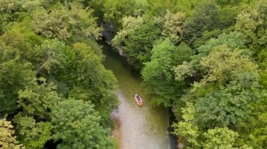top view boat sailing along River of the Martvili Canyon Georgia 