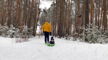 Bir baba, karlı bir ormanda bir çocuğu kızağa alır.