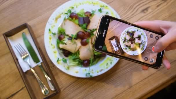 Blogueiro menina dispara um prato com comida em seu smartphone — Vídeo de Stock