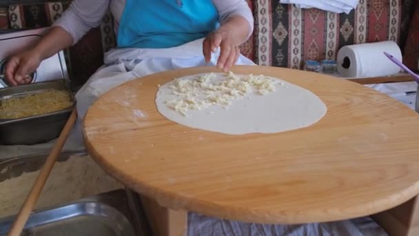 Womens hands sprinkle cheese and meat filling on the dough — Video