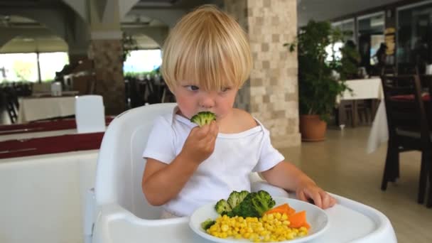 A little boy sits in a highchair and eats broccoli — Wideo stockowe