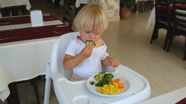 A little boy sits in a highchair and eats vegetables — Stok video