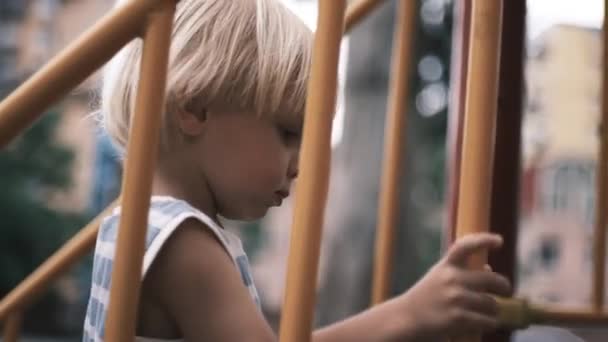 Küçük Bir Çocuk Merdivenlerden Çıkıp Kaydırağın Üzerine Yuvarlanıyor Yüksek Kalite — Stok video