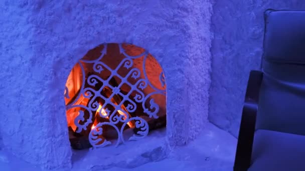 Artificial Fireplace Firewood Bonfire Salt Room Blue Light High Quality — Vídeo de Stock