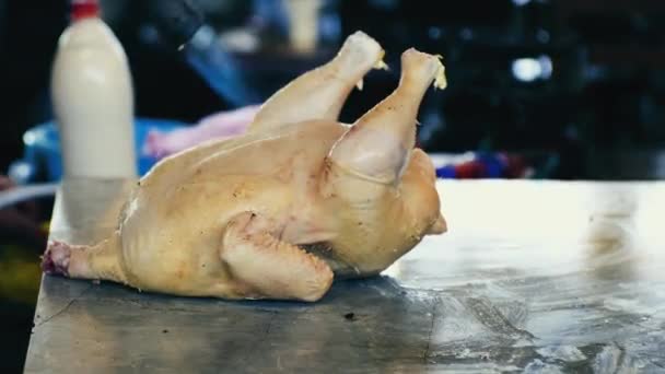 Penghapusan Bulu Ayam Dengan Pembakar Gas Mempersiapkan Ayam Untuk Memotong — Stok Video