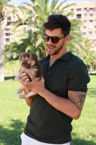 Handsome Dark Haired Man His Puppy Dog Both Them Very Stock Picture