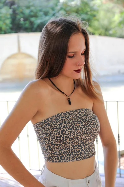 Pretty Young Girl Brown Hair Posing Various Places City Alicante — Fotografia de Stock