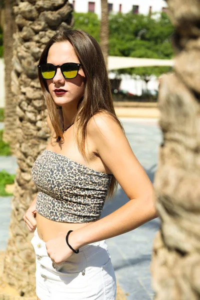 Pretty Girl Palm Trees Park Brown Hair Posing Sunglasses Places — Stockfoto