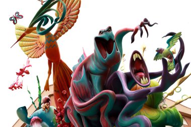 Alicante, İspanya; 21 Haziran 2022: Alicante Şenlik Ateşi, Foguera Gran Va La Ceramica. Caddedeki renkli anıt, etkinliğin son gününde yakılmak için yapılmış. Bu hoguera, spesiyallerde ikinci sıraya yükseldi..