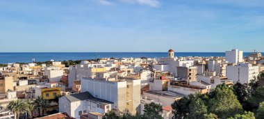 The Mediterranean Sea. A resort town on the seashore. Top view.