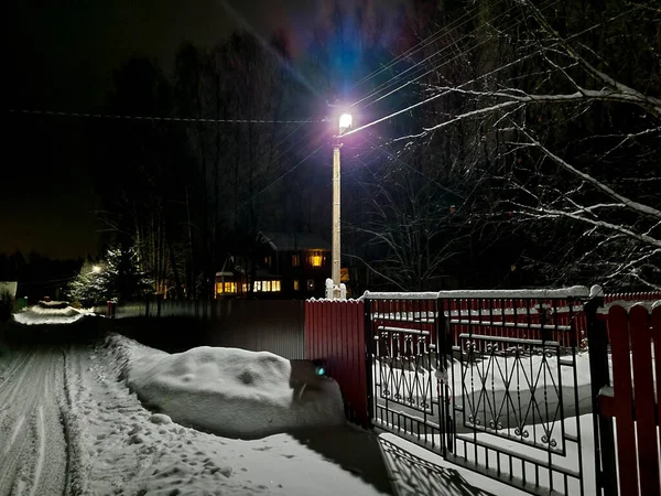 Russisches Dorf Bei Nacht Winter Eine Straße Voller Schnee Und — Stockfoto