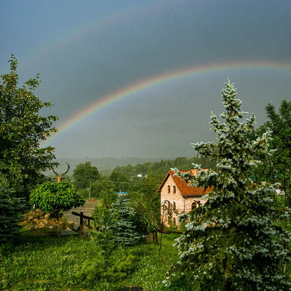 House in the forest under the rainbow