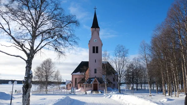 Beautiful Church Sweden Sunny Day Snow Winter Season Perfect Christmas — Stock Photo, Image