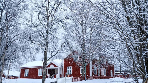 Beautiful Red House Snow Sweden White Mood Christmas Atmosphere Romantic — Stock Photo, Image