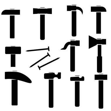 Simple graphic design element of hammers and nails in black. Vector illustration.