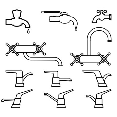 farklı çeşitler musluk ikonu. Düz tarzda modern musluk. Vektör illüstrasyonu