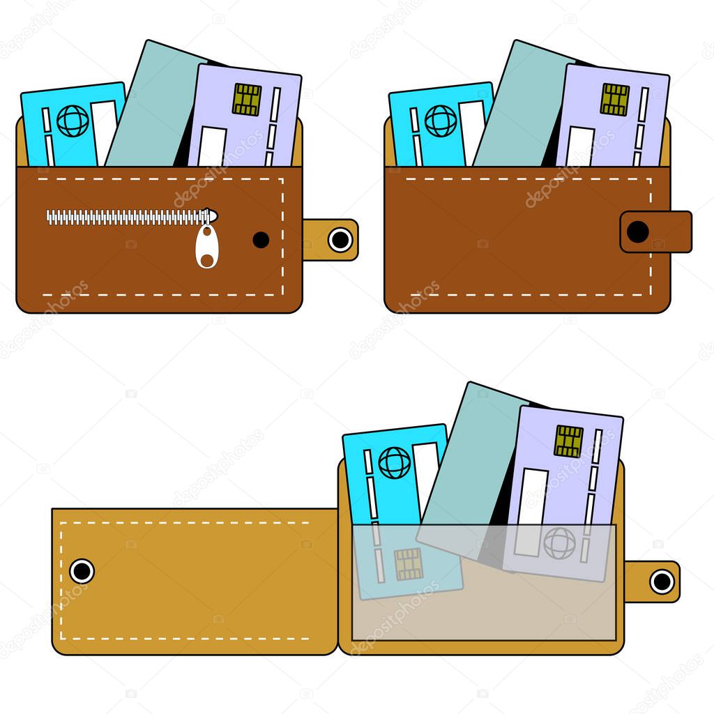 Color image of wallets made of genuine leather with elements of interior decoration and with bank cards inside. Vector illustration.