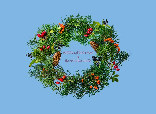 Festive Christmas wreath with rosehip, sea buckthorn, winter berry holly, mistletoe, fir and pine cones, isolated on blue background. Illustration, traditional symbol for the Xmas holiday season