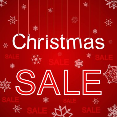 Noel indirimi arka planı ve kar taneleri. Noel kelimesinin harfleri yukarıdan sarkıyor. Vektör çizimi. Mutlu Noeller, xmas, yeni yıl, indirimli tatil kartı