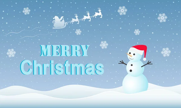 Winter Landscape Snowman Santa Sleigh Reindeers Flying Background Snowflakes Merry — Stock Vector