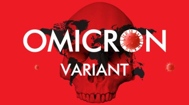 Omicron new SARS mutation variant B.1.1.529 concept .  human skull and world map background .vector illustration 