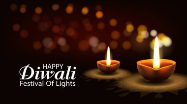 Mutlu Diwali Işık Festivali. Bokhe 'nin arka planında parlak gaz lambaları var. Vektör illüstrasyonu.