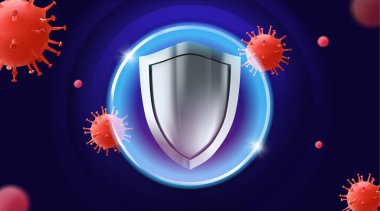 Virüs koruması için güvenlik kalkanı. Coronavirus, 2019-nCoV . Kalkan ve virüs hücreleri. Aşı, ilaç, antibiyotik..