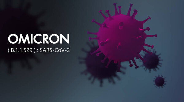 Новая концепция мутации Омикрона B.1.1.529 с названием. Иллюстрация изображения вируса COVID-19 на черном фоне.