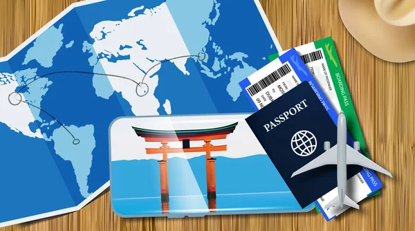 Bannière Touristique Avec Passeport Billets Porte Sanctuaire Itsukushima Sur Smartphone — Image vectorielle