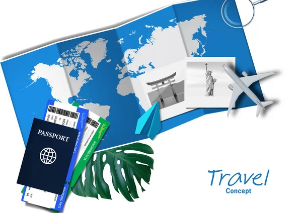 Szablon Travel Tourism Banner Design Samolot Światowe Punkty Orientacyjne Ram — Wektor stockowy