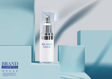 Lüks kozmetik tüp lüks cilt mavi kare podyum arka planda ışık, duvarda yapraklar ve mavi arkaplan