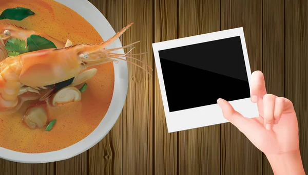 Hands Blank Photo Frame Tom Yum Kung Spicy Shrimp Soup — Stock Vector