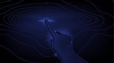 Geleceğin dinamik hattına dokun. Noktalardan, çizgilerden oluşuyordu. Fütürist bir kavram. Elektronik ekrana dokun. Soyut mavi geometrik arkaplan